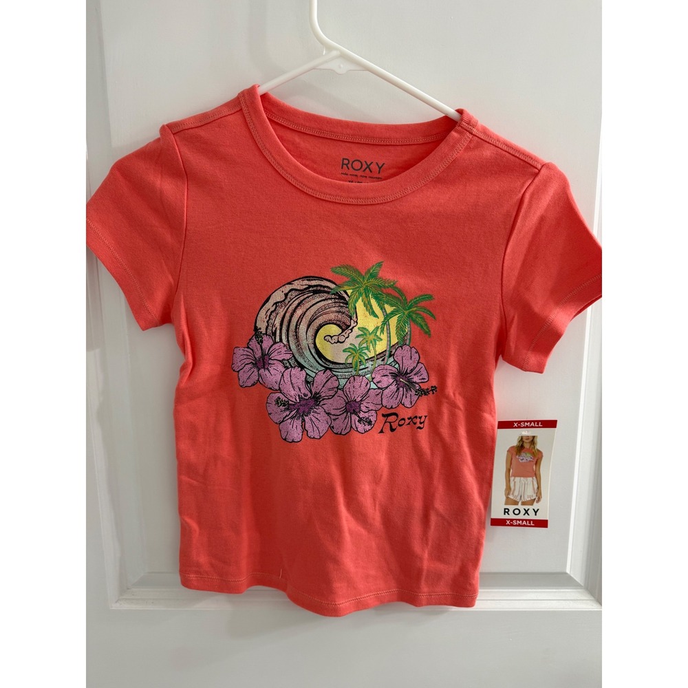 Roxy Baby Tee Coral Pink Tropical Wave Hibiscus Graphic T-Shirt RZ72050AYFSS XS